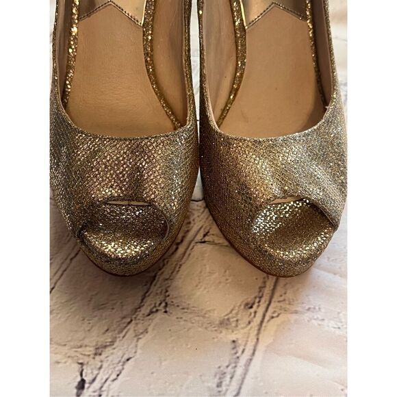 Michael Kors Size 8.5 Gold Sparkle Glitter Platform Peep Toe Pump Heels Bridal - Picture 13 of 16